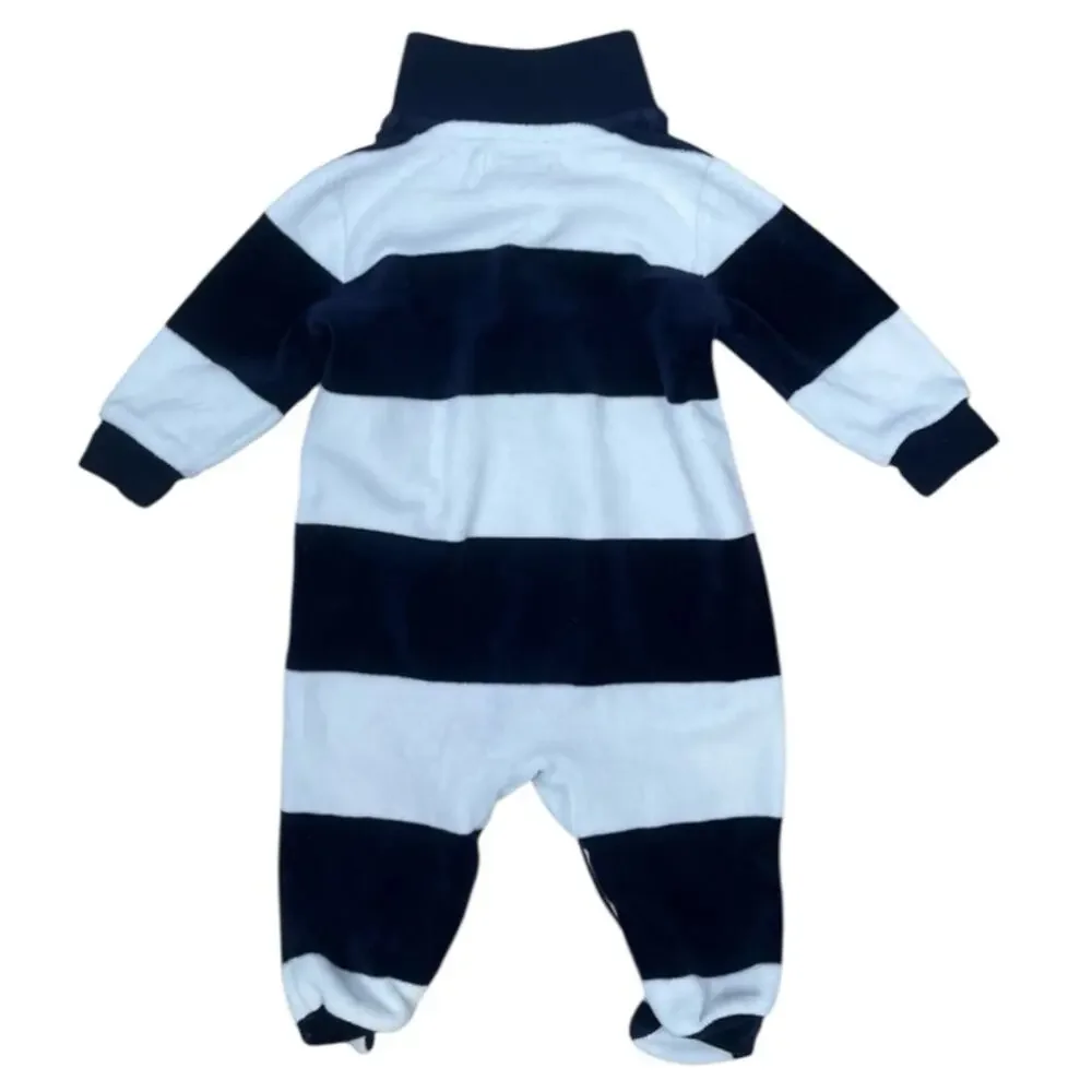 Ralph Lauren Velour Blue White Striped One Piece Baby 3 Months Polo Preppy Rugby